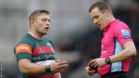 Tom Youngs of Leicester Tigers is sent off against Exeter