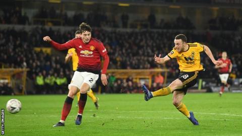 Diogo Jota scores Wolves' second goal against Manchester United