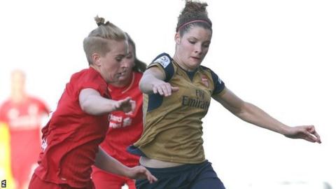 Natasha Dowie of Liverpool Ladies battles for possession with Arsenal matchwinner Dominique Janssen