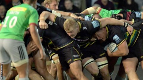 Dylan Hartley rumbles over his try for Northampton against Harlequins
