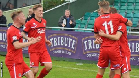 Truro City celebrate Connor Riley-Lowe's opening goal