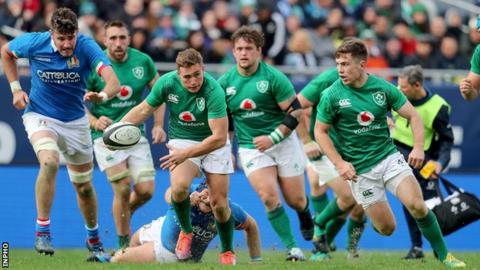 Jordan Larmour makes a break for Ireland