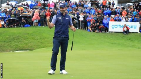 Paul Waring celebrates on the green after securing the 2018 Nordea Masters