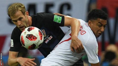 Ivan Strinic playing for Croatia in the World Cup semi final 2018