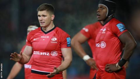 Saracens players Owen Farrell (left) and Maro Itoje (right) during a Premiership match against Bath