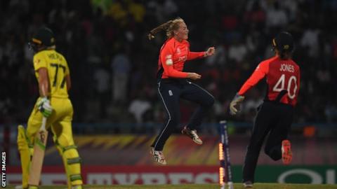Sophie Ecclestone celebrates after dismissing Australia's Alyssa Healy