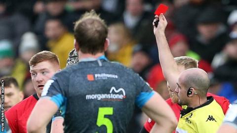 Rhys Carre is sent-off against Ospreys