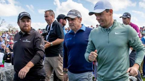 (L-R): Shane Lowry, Paul McGinley and Rory McIlroy