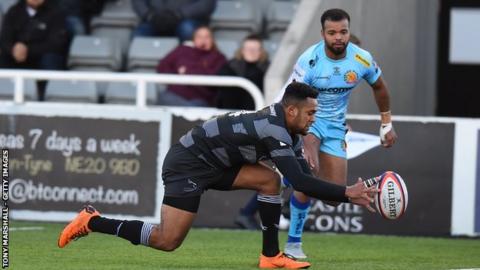 Newcastle's former England Under-20s winger Zach Kibirige ran in a hat-trick against Exeter at Kingston Park