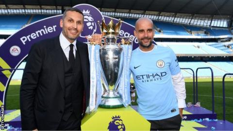 Manchester City chairman Khaldoon Al Mubarak with manager Pep Guardiola