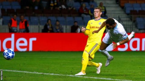 PSV Eindhoven striker Donyell Malen heads in a late winner against BATE Borisov