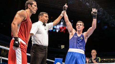 Joe Ward celebrates his semi-final victory in Doha