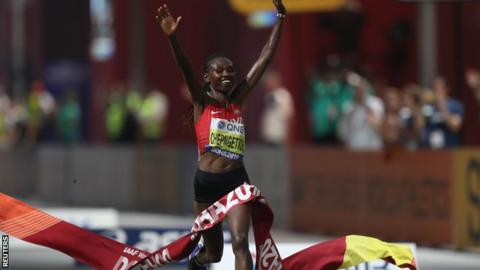 Ruth Chepngetich crosses the line to win the women's marathon