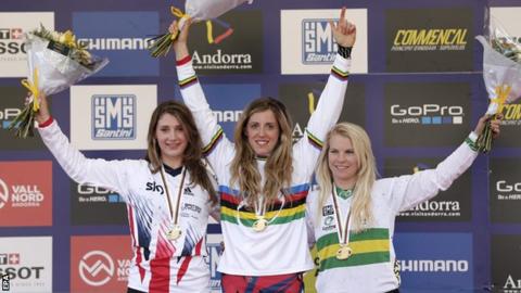 Manon Carpenter (left) with winner Rachel Atherton and third placed Tracey Hannah