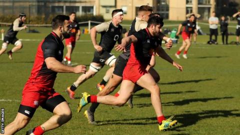 The Georgian rugby union team in training