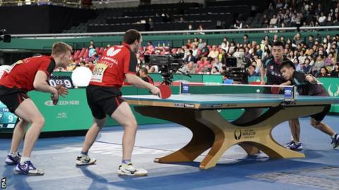 England's Tom Jarvis (left) and Paul Drinkhall in action against and Chinese Taipei's Chen Chien-An and Liao Cheng-Ting
