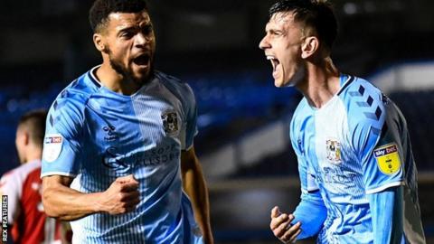 Zain Westbrooke (right) celebrated with Max Biamou after his second-half penalty winner earned Coventry City all three points at St Andrew's