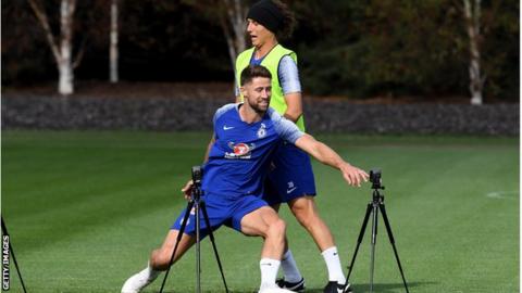 Gary Cahill and David Luiz in action during Chelsea training