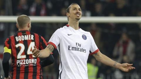Paris St-Germain forward Zlatan Ibrahimovic celebrates scoring against Nice