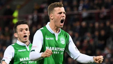 Florian Kamberi celebrates a goal for Hibs