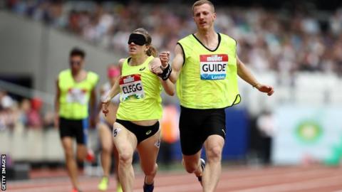Libby Clegg and her guide Tom Somers at the Anniversary Games at London Stadium
