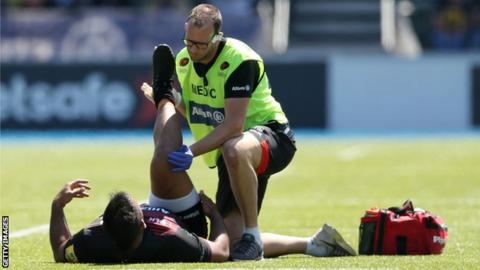 Billy Vunipola receives treatment during the Premiership semi-final with Wasps