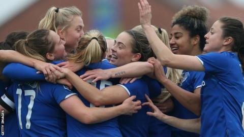 Everton's Lucy Graham celebrates scoring the third goal against Tottenham