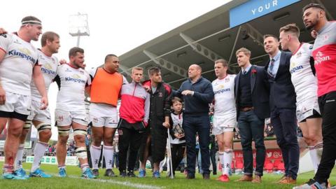 Rory Best addresses the Ulster players after they ended the season with a crucial win over Ospreys