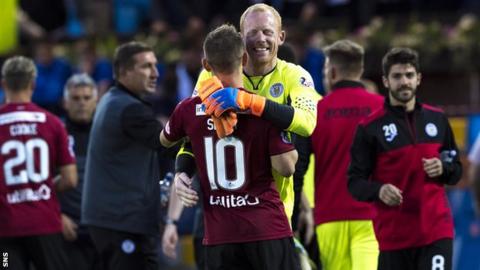 St Mirren's Craig Samson and Cammy Smith embrace