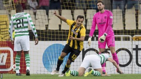Rodrigo Galo celebrates after scoring for AEK Athens against Celtic