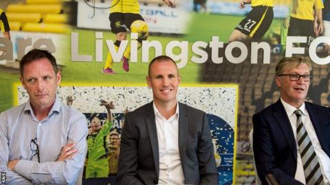 Livingston chief executive officer John Ward (left) and chairman Robert Martin (right) flank Kenny Miller after his unveiling as player-manager