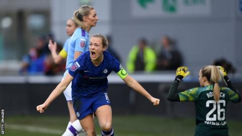 Chelsea's Magdalena Eriksson celebrates after scoring a goal against Manchester City in a Women's Super League game