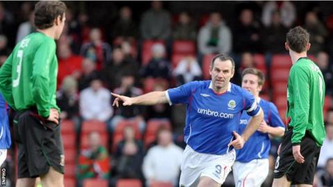 Glenn Ferguson celebrates after netting against Glentoran in 2008