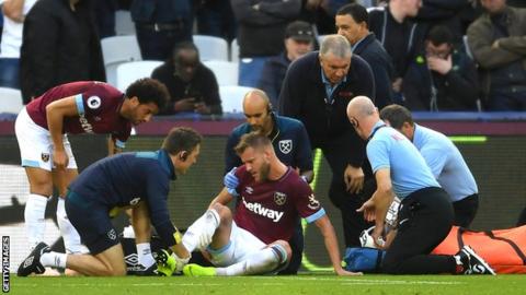 West Ham winger Andriy Yarmolenko receives treatment after tearing his Achilles against Tottenham