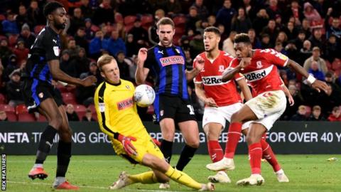Britt Assombalonga of Middlesbrough has his shot saved by Marek Rodak