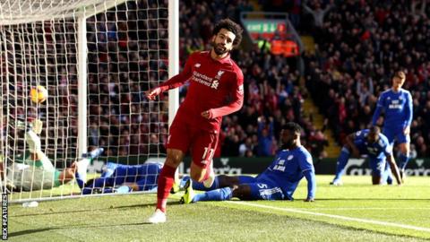 Mohamed Salah celebrates after opening the scoring for Liverpool against Cardiff