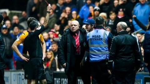 Fleetwood boss Joey Barton was red carded in the 70th minute by referee Paul Marsden for disputing a disallowed goal in the 0-0 draw with Bristol Rovers