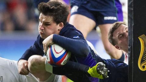 Sam Johnson scores for Scotland against England