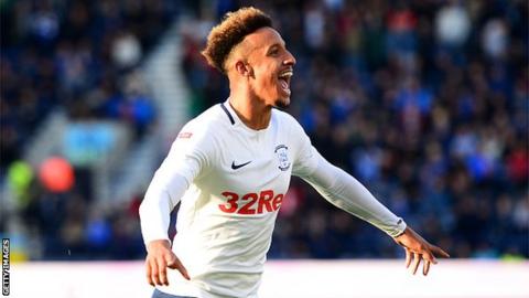 Callum Robinson celebrates scoring for Preston against Wigan