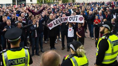Hearts fans held protests against Levein outside Tynecastle in the final weeks of his tenure