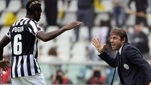Paul Pogba and Antonio Conte celebrate whilst at Juventus