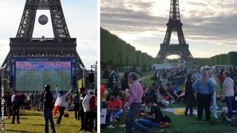 Fans in front of the Eiffel Tower at Euro 16 and at the Women's World Cup