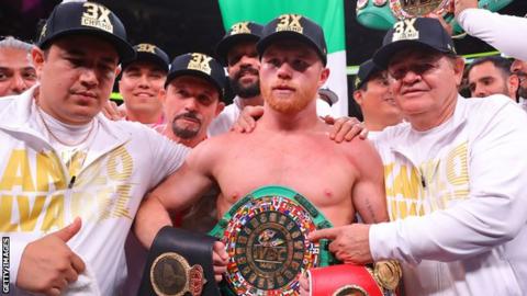 Saul 'Canelo' Alvarez (centre) most recently beat Daniel Jacobs via unanimous decision at middleweight in May