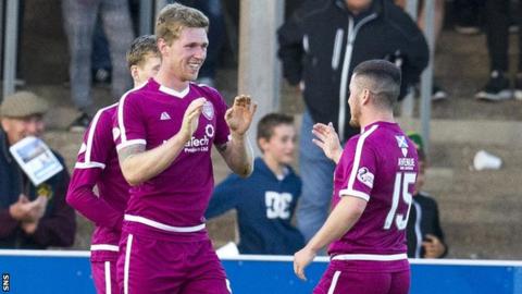 Michael McKenna celebrate scoring for Arbroath