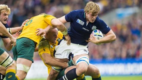 Jonny Gray is tackled during Scotland's last-gasp defeat by Australia in the 2015 Rugby World Cup