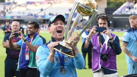 Eoin Morgan of England celebrates winning the men's ODI World Cup Final