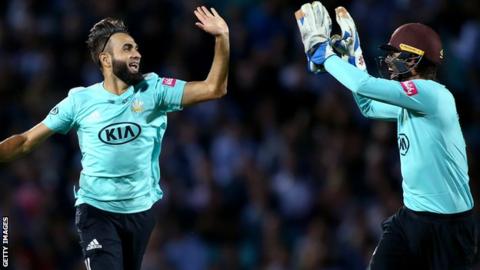 Imran Tahir celebrates a wicket for Surrey against Sussex
