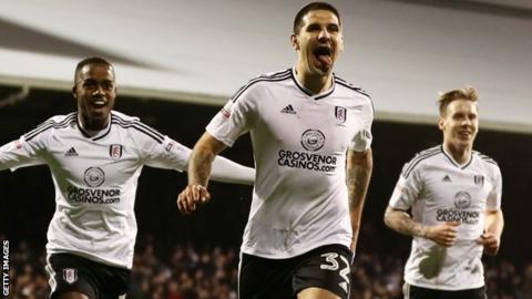 Ryan Sessegnon, Aleksandar Mitrovic and Stefan Johansen (left to right) celebrate a Fulham goal