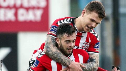 Nathan Boyle is congratulated after scoring his Derry opener against Sligo