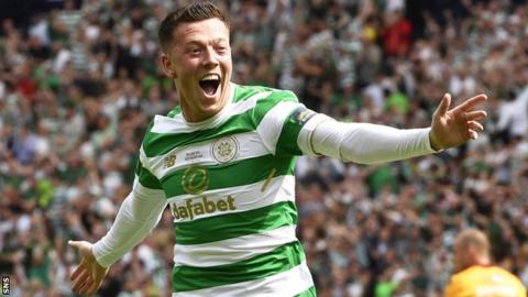 Callum McGregor celebrates after scoring for Celtic against Motherwell